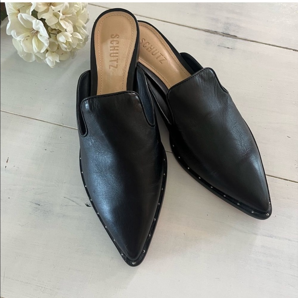 Schutz Tae Black Leather Studded Mules Size 9 NWOT